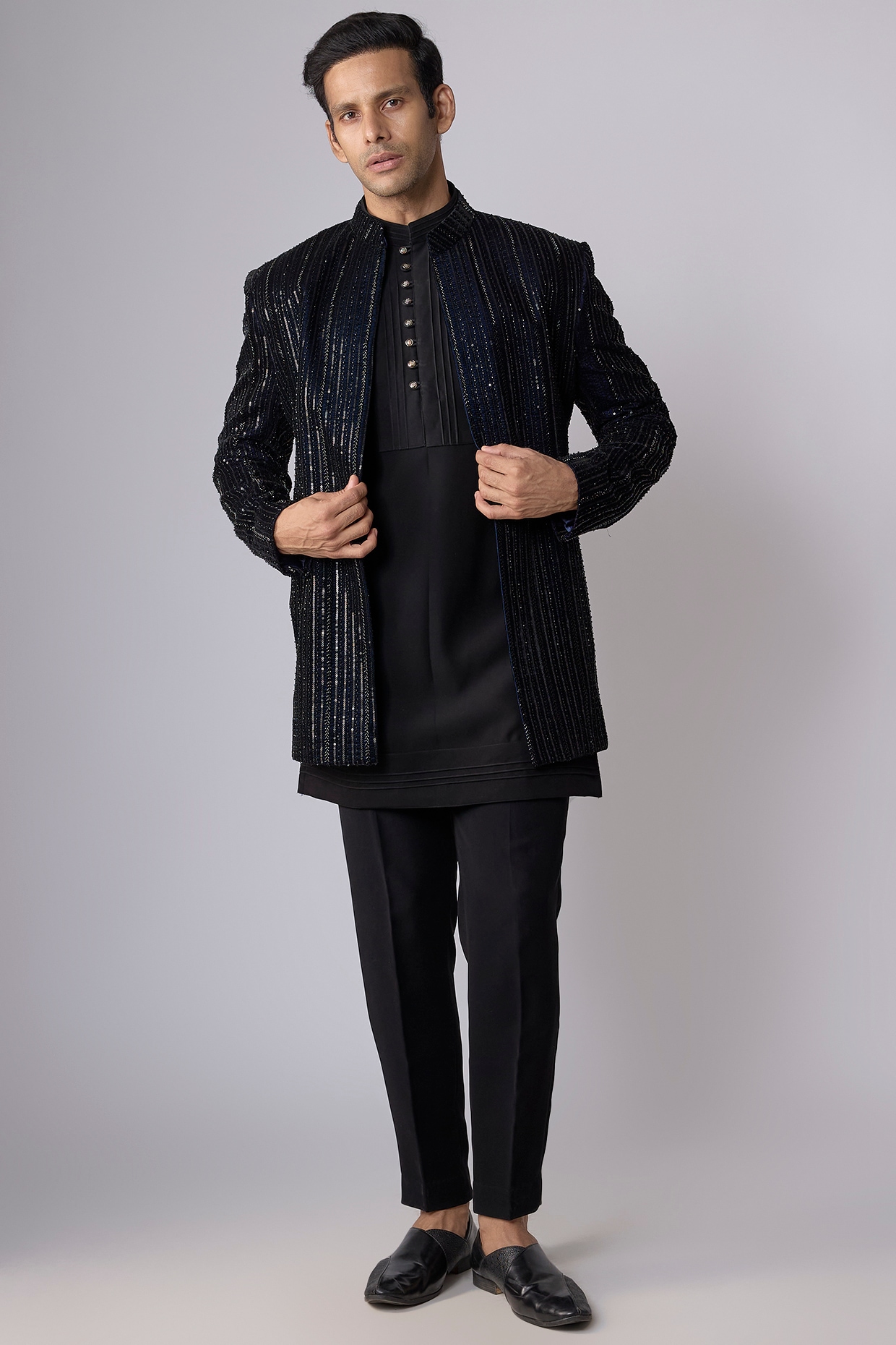 Nero By Shaifali & Satya Black Velvet Beadwork Open Jacket Set