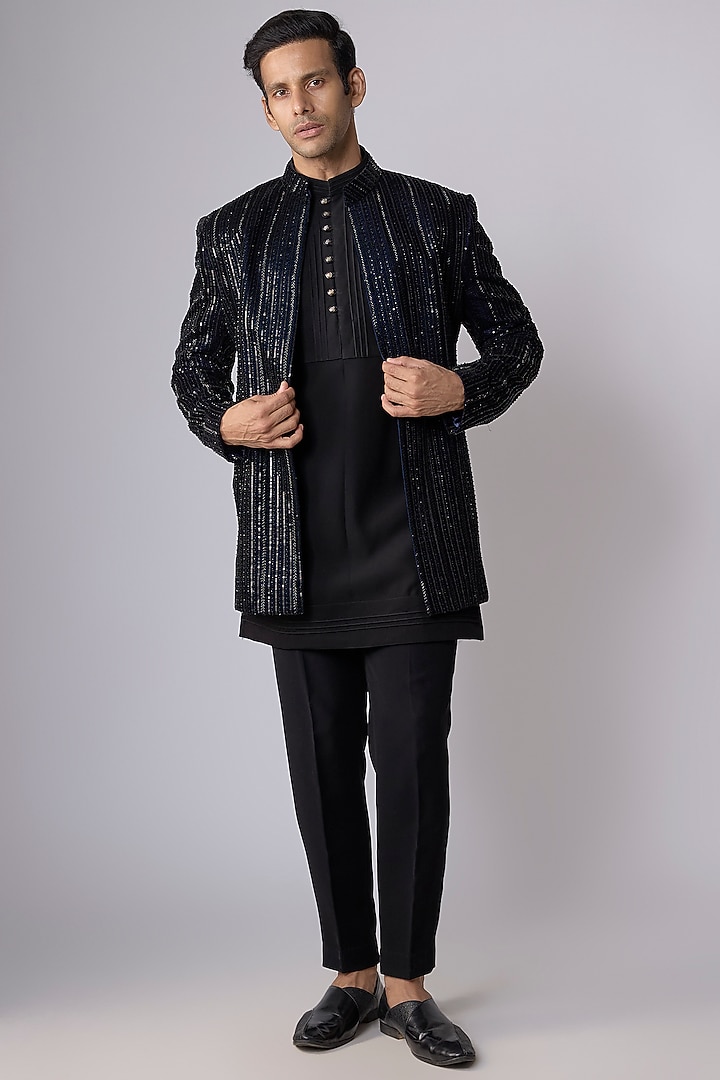 Black Velvet Beadwork Open Jacket Set by Nero by Shaifali & Satya at Pernia's Pop Up Shop