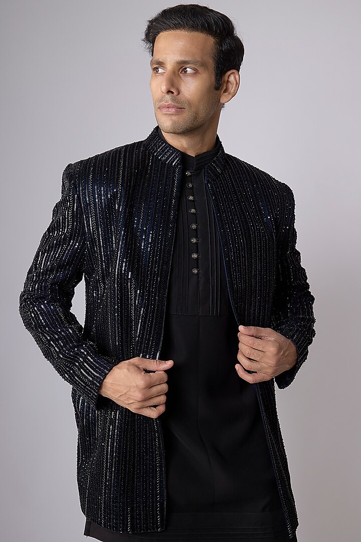 Black Velvet Beadwork Open Jacket Set by Nero By Shaifali & Satya at Pernia's Pop Up Shop