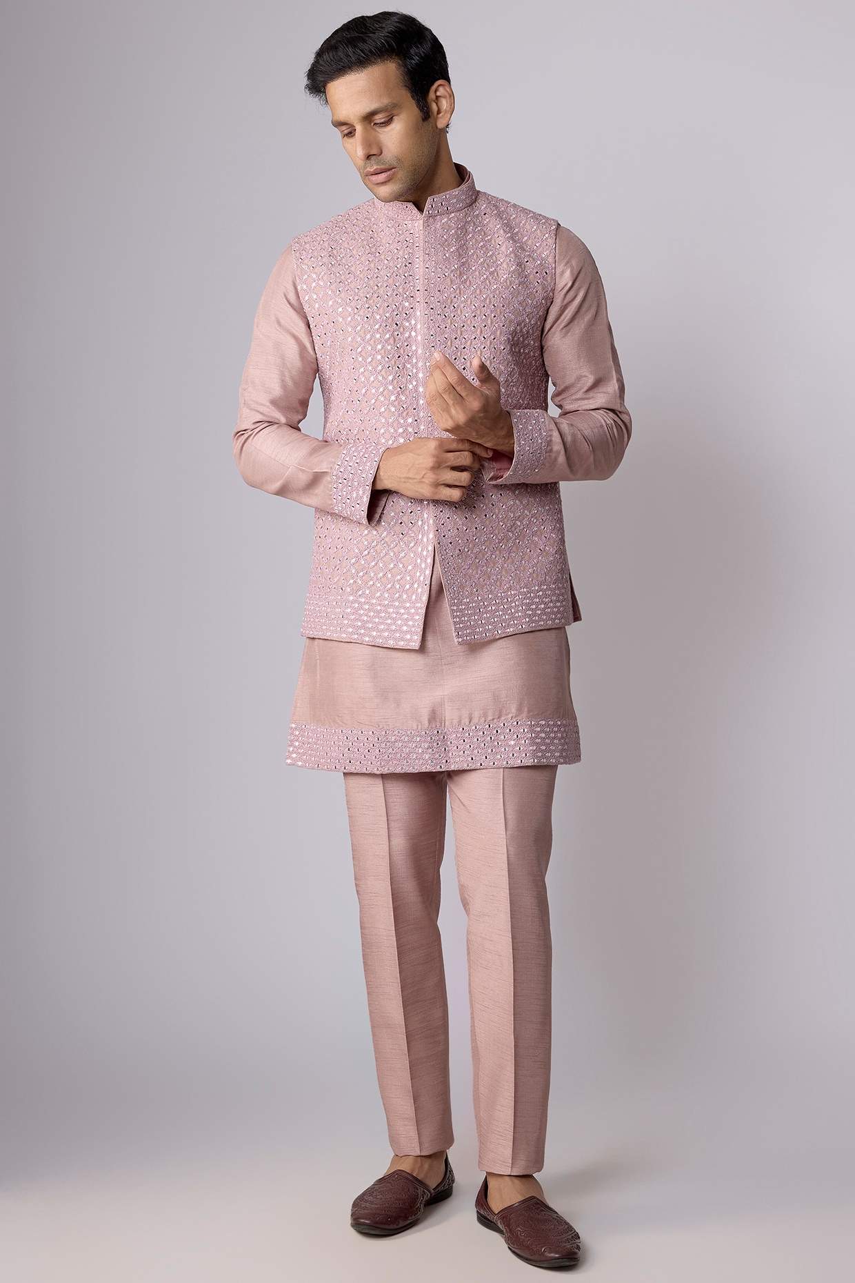 Nero By Shaifali & Satya Pink Silk Mirror Work Bundi Jacket Set