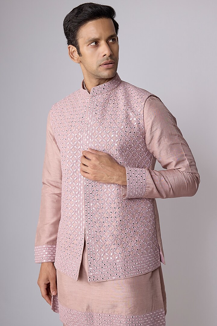 Pink Silk Mirror Work Bundi Jacket Set by Nero By Shaifali & Satya at Pernia's Pop Up Shop