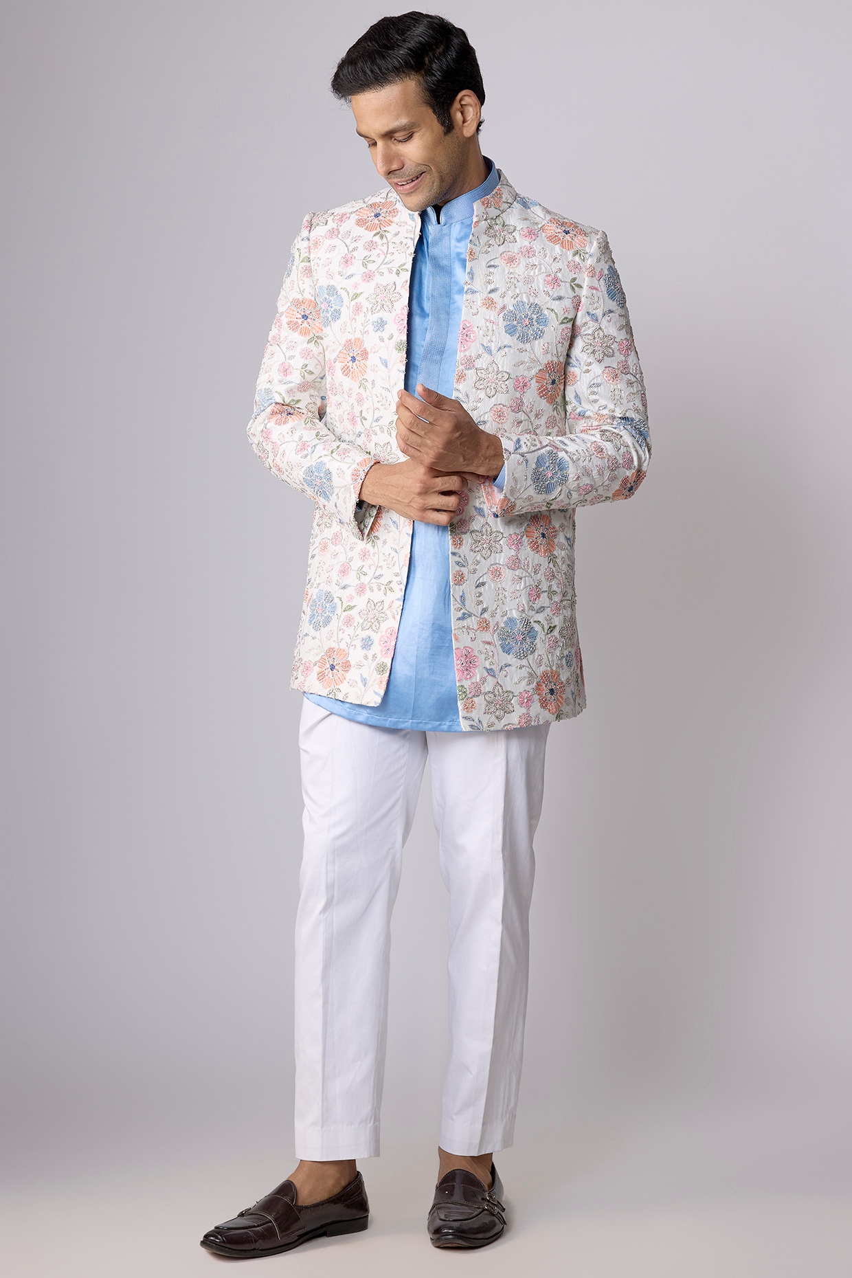 Nero By Shaifali & Satya Multi-Colored Silk Hand & Machine Embroidered Open Jacket Set