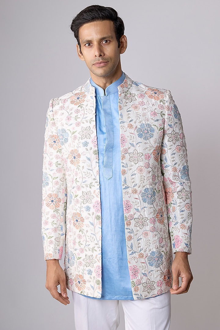 Multi-Colored Silk Hand & Machine Embroidered Open Jacket Set by Nero By Shaifali & Satya at Pernia's Pop Up Shop