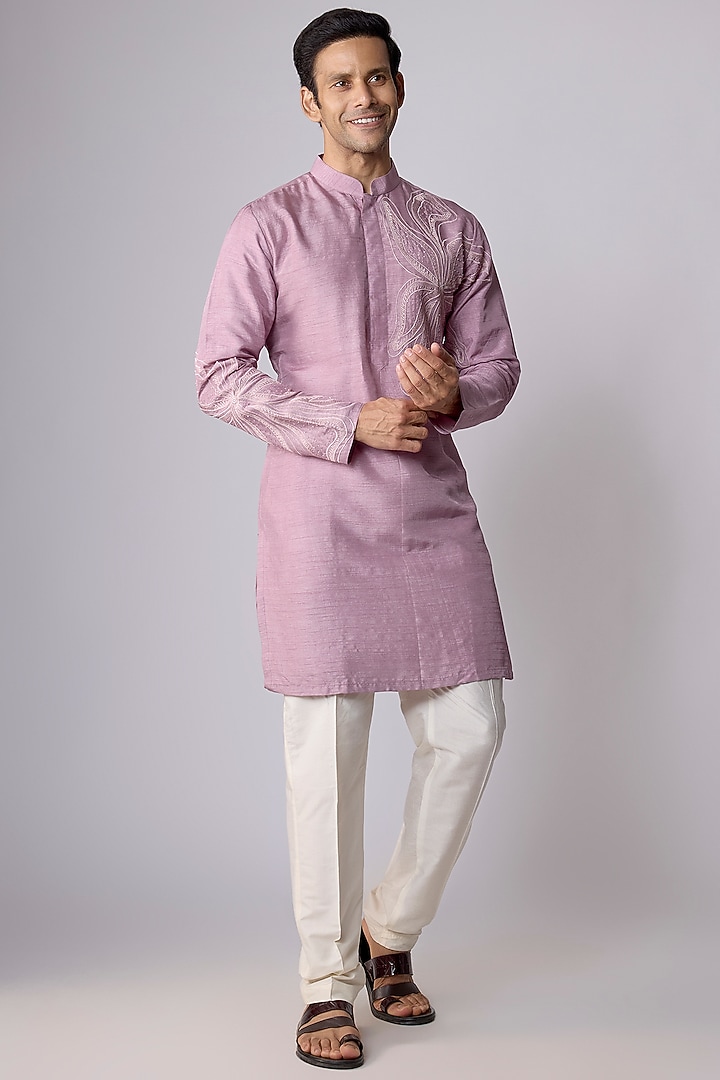 Pink Silk Hand & Machine Embroidered Kurta Set by Nero by Shaifali & Satya at Pernia's Pop Up Shop