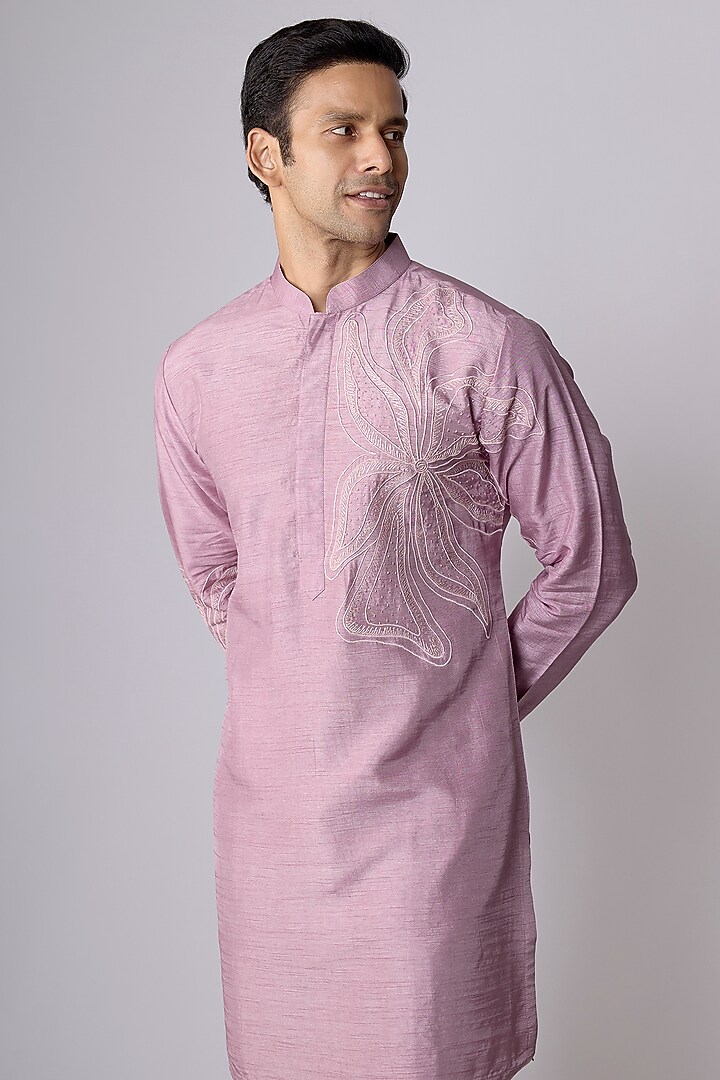 Pink Silk Hand & Machine Embroidered Kurta Set by Nero By Shaifali & Satya at Pernia's Pop Up Shop