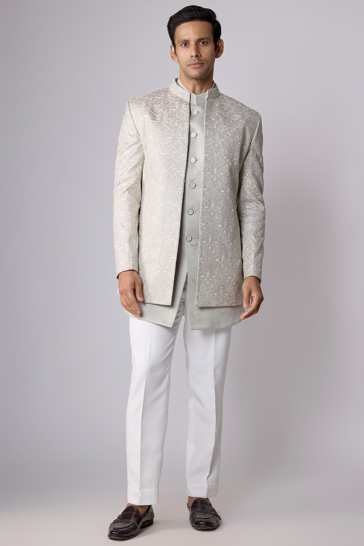 Nero By Shaifali & Satya Green Silk Thread Work Open Open Jacket Set