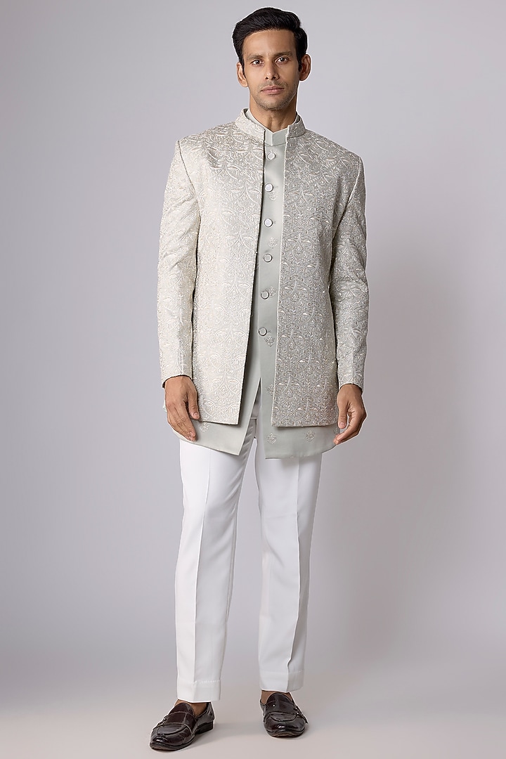 Green Silk Thread Work Open Open Jacket Set by Nero by Shaifali & Satya at Pernia's Pop Up Shop