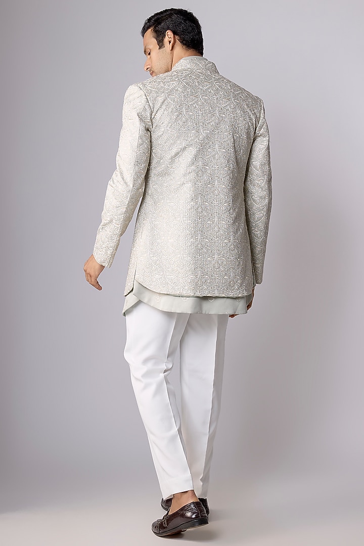 Green Silk Thread Work Open Open Jacket Set by Nero By Shaifali & Satya at Pernia's Pop Up Shop