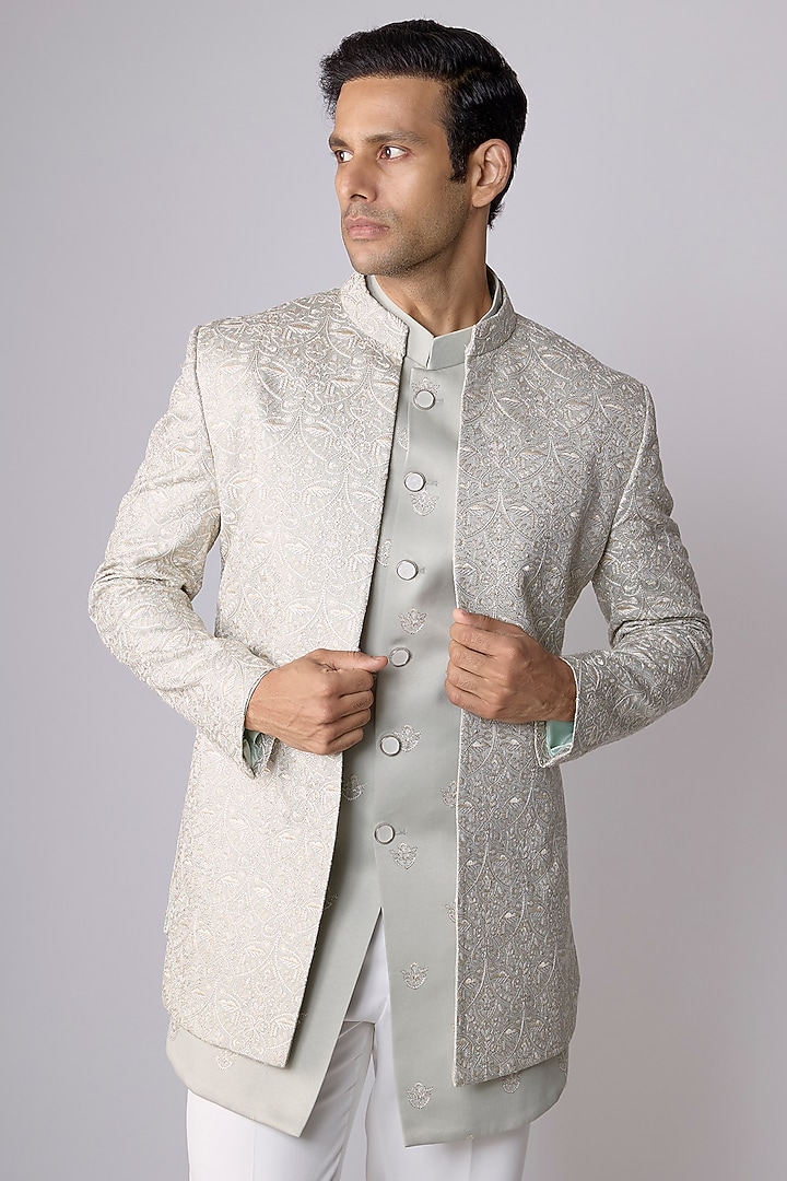 Green Silk Thread Work Open Open Jacket Set by Nero By Shaifali & Satya at Pernia's Pop Up Shop