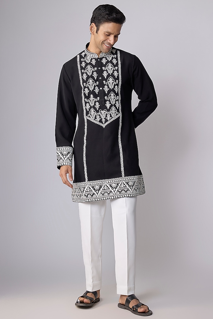 Black Boomario Fabric Machine Embroidered Kurta Set by Nero by Shaifali & Satya at Pernia's Pop Up Shop