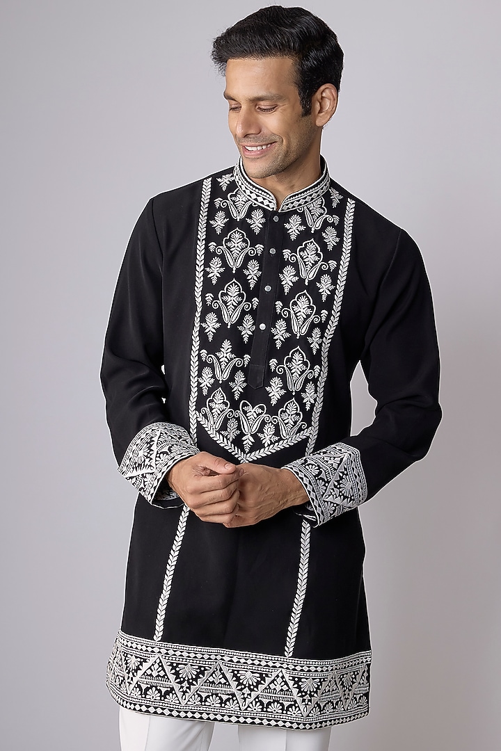Black Boomario Fabric Machine Embroidered Kurta Set by Nero By Shaifali & Satya at Pernia's Pop Up Shop