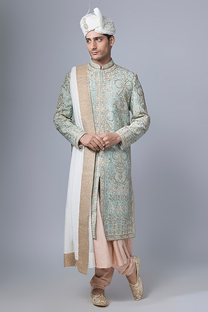 Mint Green Silk Groom Sherwani Set by Nero By Shaifali & Satya at Pernia's Pop Up Shop