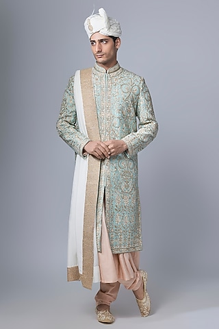 Mint Green Silk Sherwani Set by Nero By Shaifali & Satya