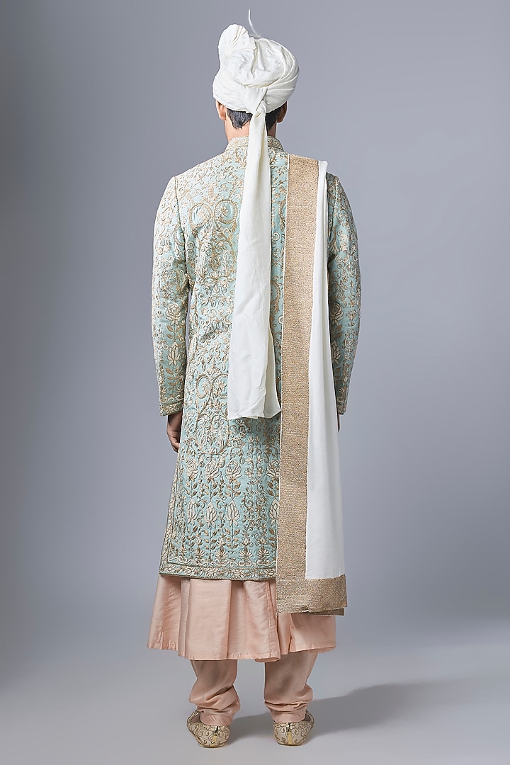 Mint Green Silk Groom Sherwani Set by Nero By Shaifali & Satya at Pernia's Pop Up Shop