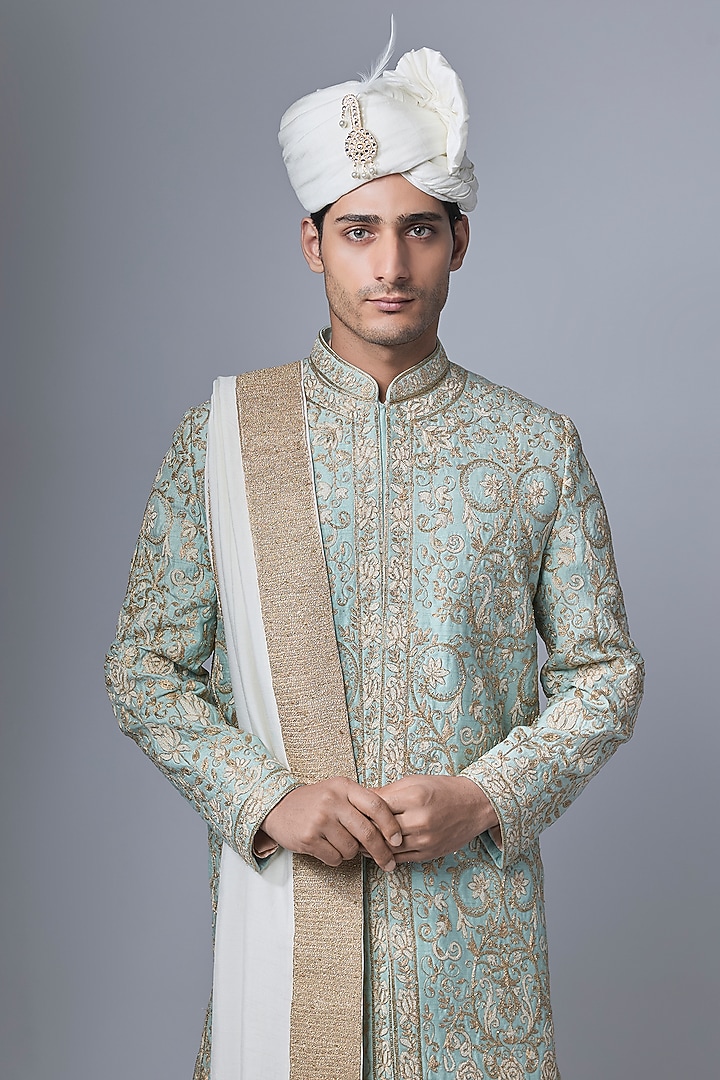 Mint Green Silk Groom Sherwani Set by Nero By Shaifali & Satya at Pernia's Pop Up Shop