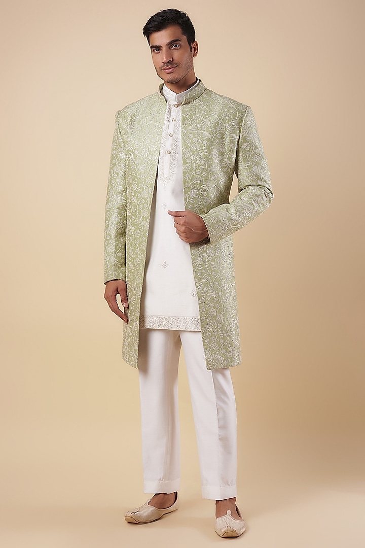 Green Silk Embroidered Indowestern Set by Nero by Shaifali & Satya