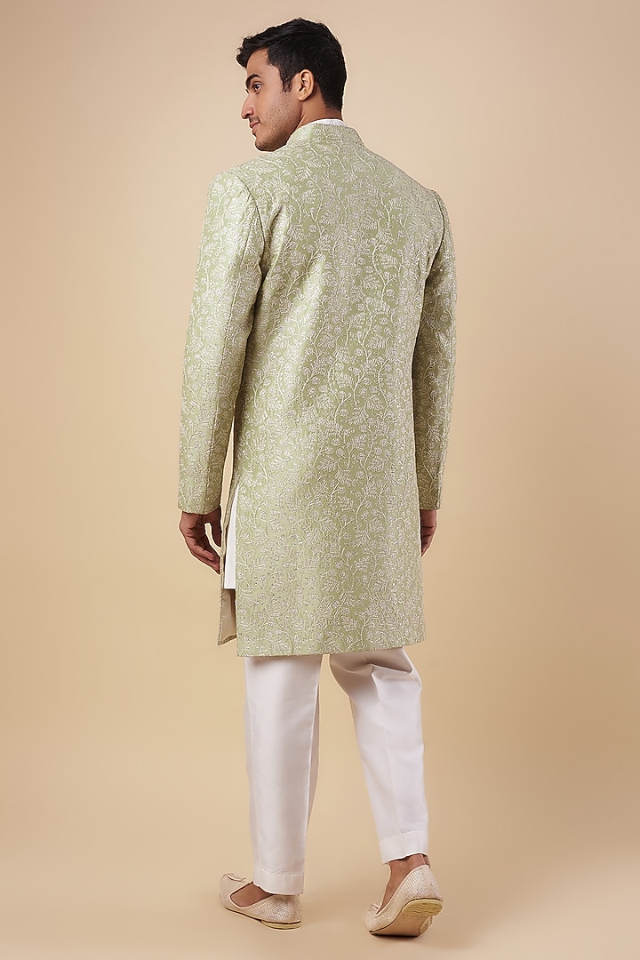 Green Silk Embroidered Wedding Indowestern Set by Nero by Shaifali & Satya at Pernia's Pop Up Shop
