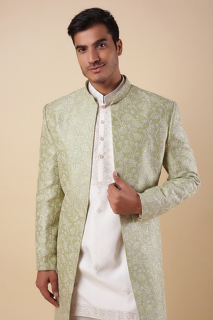Green Silk Embroidered Wedding Indowestern Set by Nero by Shaifali & Satya at Pernia's Pop Up Shop