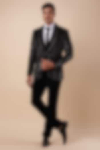 Black Velvet Shimmer Striped Tuxedo Set by Nero by Shaifali & Satya at Pernia's Pop Up Shop