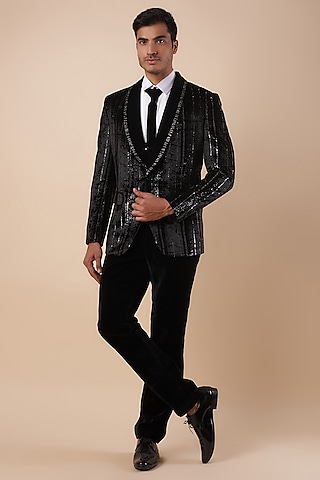Black Velvet Shimmer Striped Tuxedo Set by Nero by Shaifali & Satya