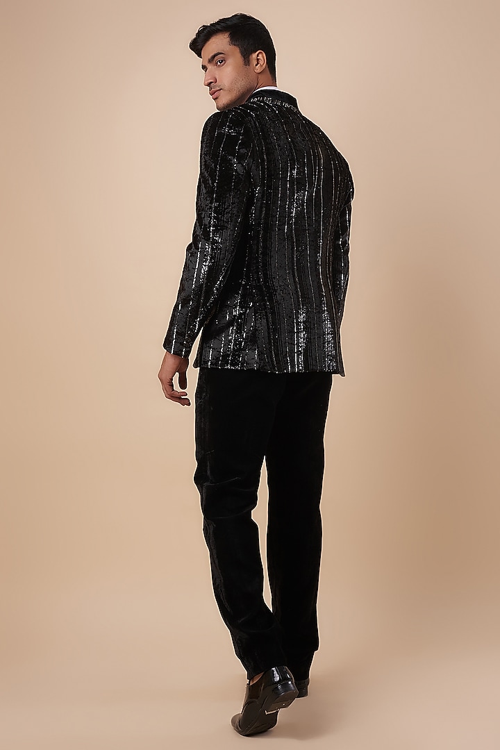 Black Velvet Shimmer Striped Tuxedo Set by Nero by Shaifali & Satya at Pernia's Pop Up Shop