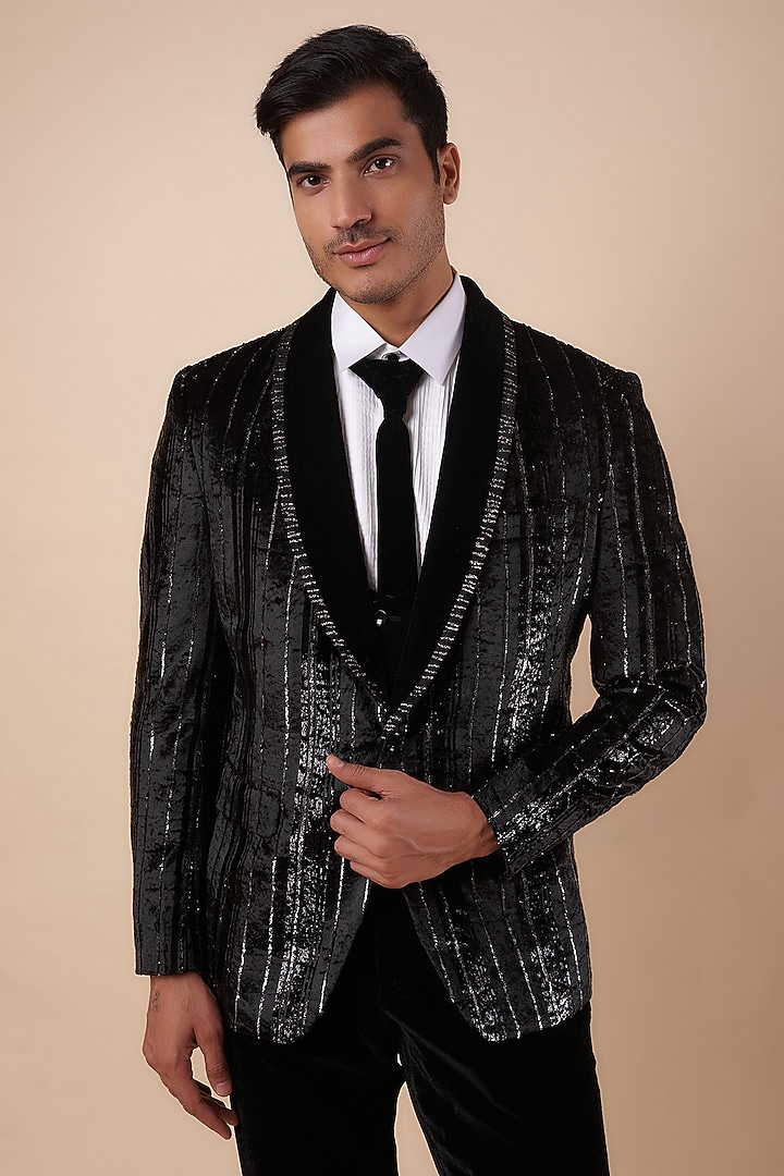 Black Velvet Shimmer Striped Tuxedo Set by Nero by Shaifali & Satya at Pernia's Pop Up Shop