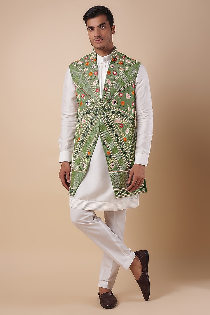 Green Suiting Fabric Hand Work Alika Jacket Set by Nero by Shaifali & Satya at Pernia's Pop Up Shop