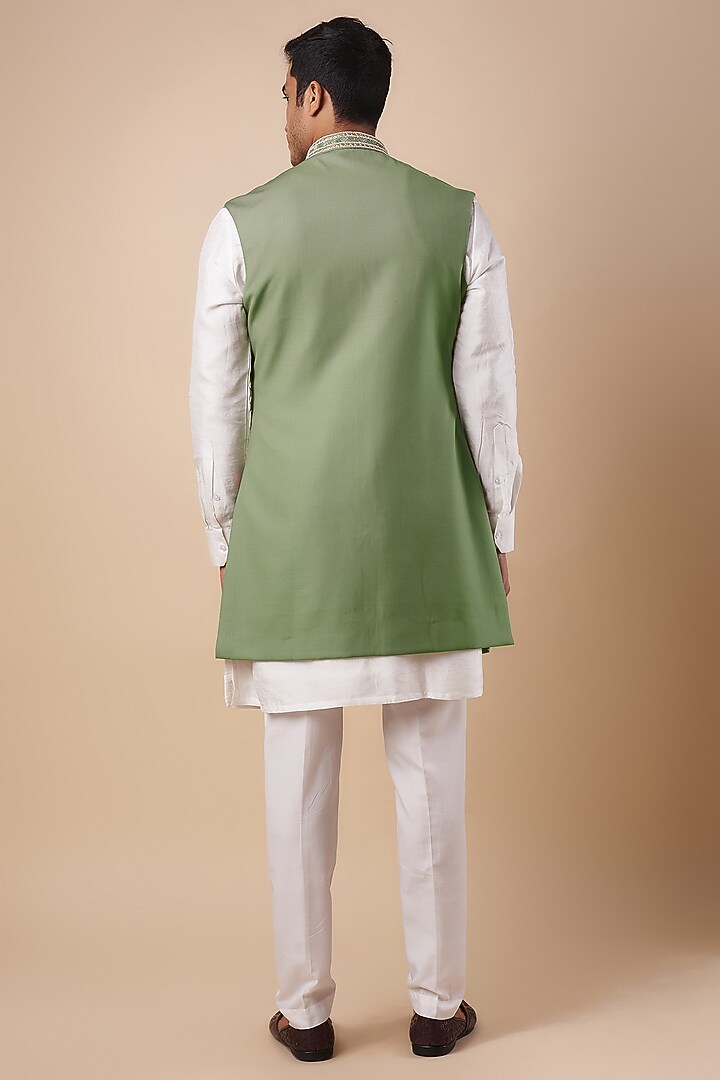 Green Suiting Fabric Hand Work Alika Jacket Set by Nero by Shaifali & Satya at Pernia's Pop Up Shop