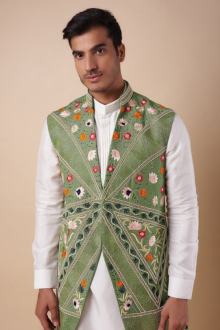 Green Suiting Fabric Hand Work Alika Jacket Set by Nero by Shaifali & Satya at Pernia's Pop Up Shop