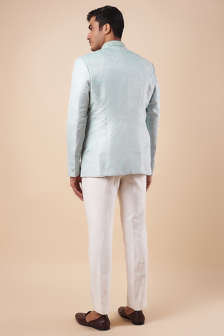Blue Jacquard Wedding Bandhgala Set by Nero by Shaifali & Satya at Pernia's Pop Up Shop