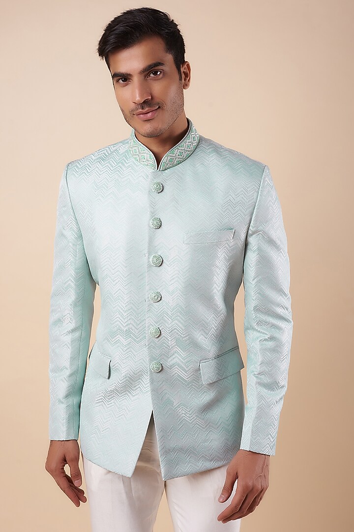 Blue Jacquard Wedding Bandhgala Set by Nero by Shaifali & Satya at Pernia's Pop Up Shop