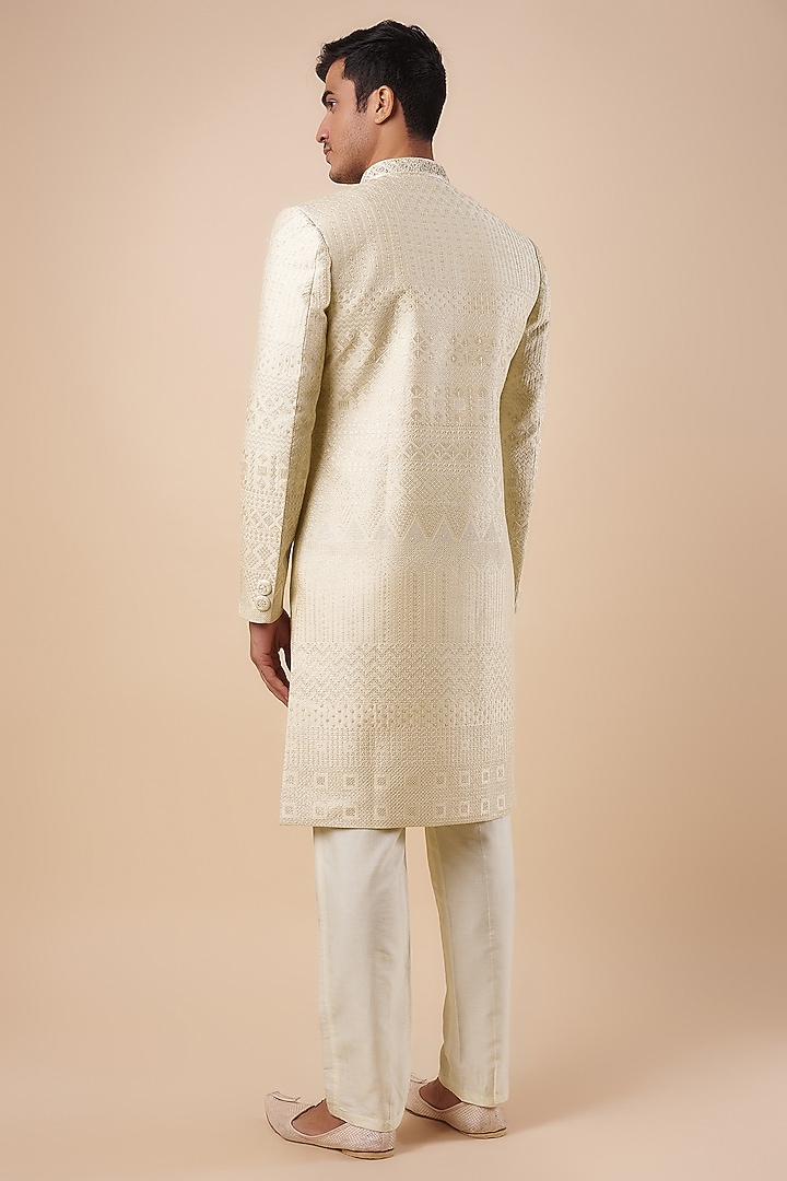 Ivory Silk Embroidered Wedding Sherwani Set by Nero by Shaifali & Satya at Pernia's Pop Up Shop
