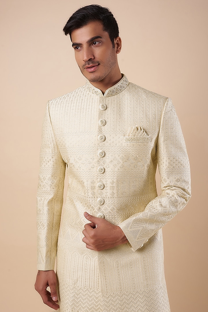 Ivory Silk Embroidered Wedding Sherwani Set by Nero by Shaifali & Satya at Pernia's Pop Up Shop