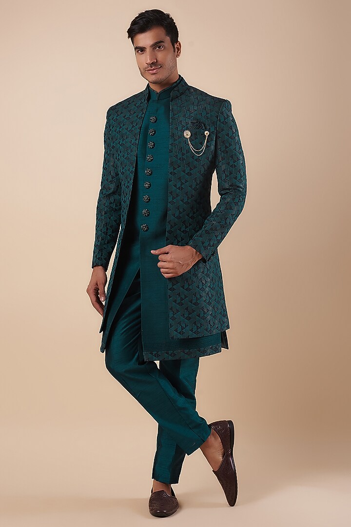Blue Jacquard Wedding Indowestern Set by Nero by Shaifali & Satya at Pernia's Pop Up Shop