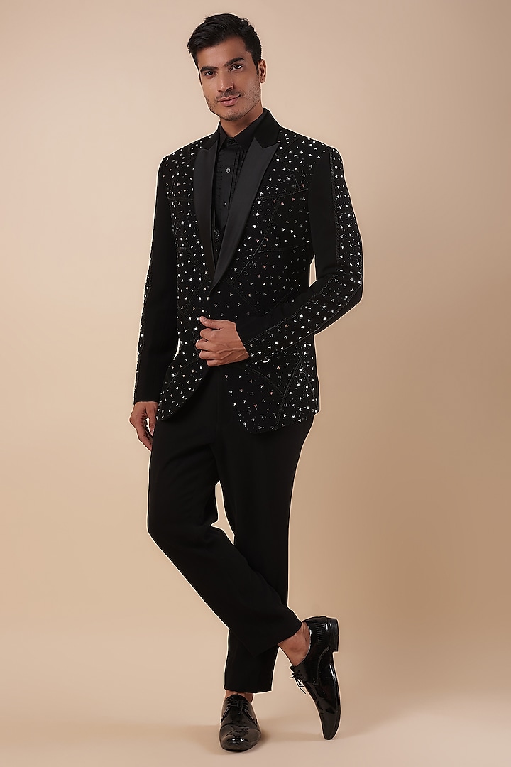 Black Bommario Cutdana Embroidered Tuxedo Set by Nero by Shaifali & Satya