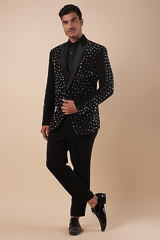Black Bommario Cutdana Embroidered Tuxedo Set by Nero by Shaifali & Satya