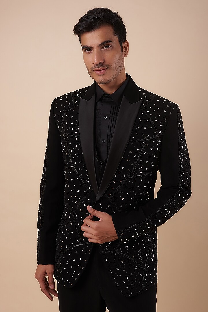 Black Bommario Cutdana Embroidered Tuxedo Set by Nero by Shaifali & Satya at Pernia's Pop Up Shop