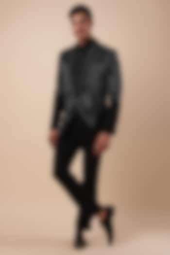 Black Suiting Fabric Cutdana & Hand Work Tuxedo Set by Nero by Shaifali & Satya at Pernia's Pop Up Shop