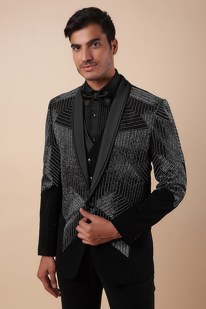 Black Suiting Fabric Cutdana & Hand Work Tuxedo Set by Nero by Shaifali & Satya at Pernia's Pop Up Shop