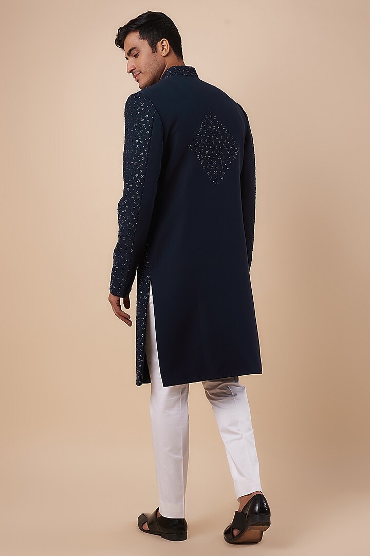 Navy Blue Bommario Cutdana Embroidered Wedding Indowestern Set by Nero by Shaifali & Satya at Pernia's Pop Up Shop