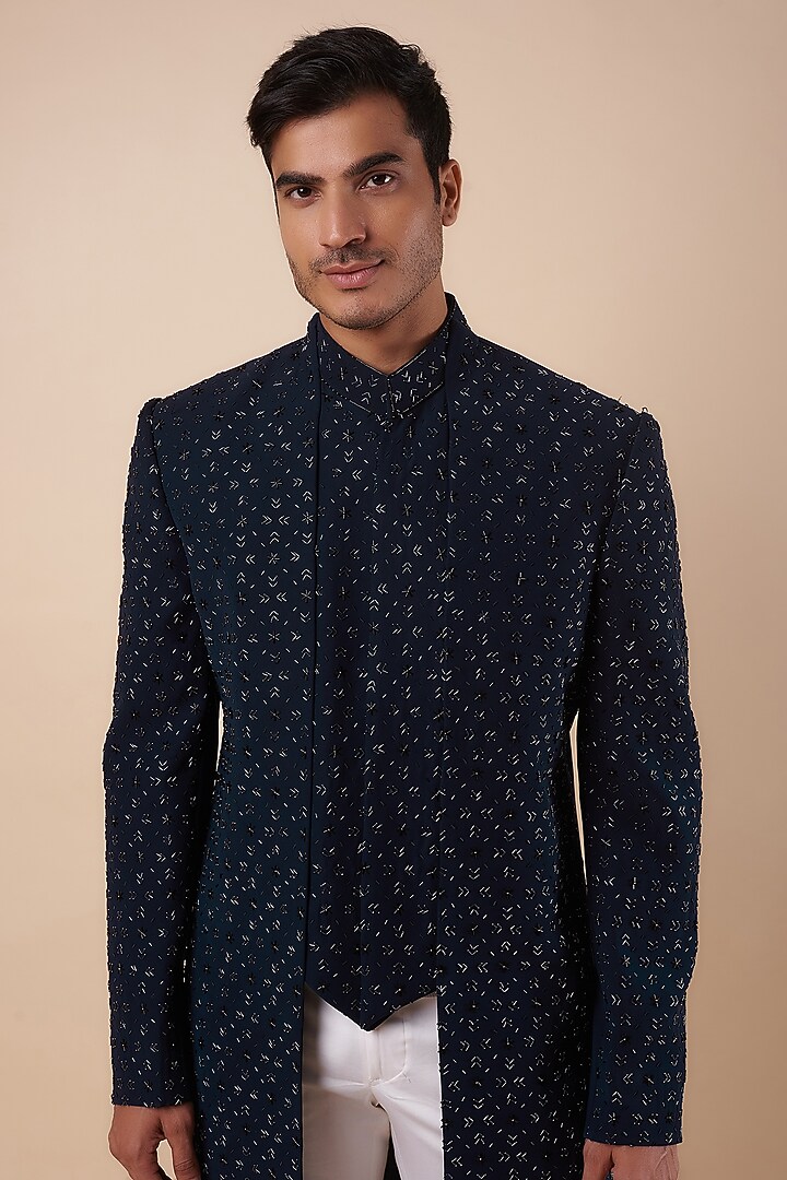 Navy Blue Bommario Cutdana Embroidered Wedding Indowestern Set by Nero by Shaifali & Satya at Pernia's Pop Up Shop