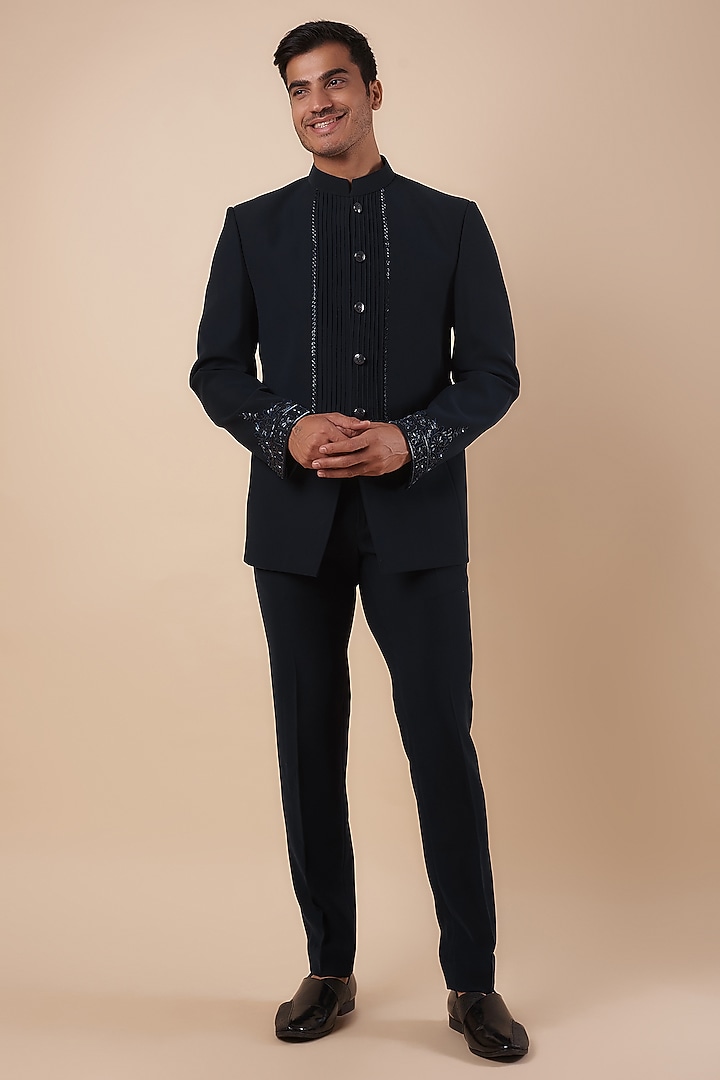 Navy Blue Bommario Embroidered Wedding Bandhgala Set by Nero by Shaifali & Satya at Pernia's Pop Up Shop