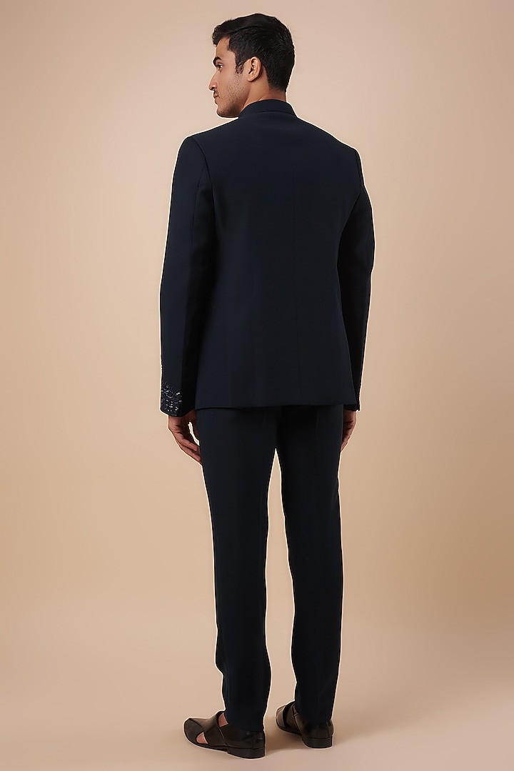 Navy Blue Bommario Embroidered Wedding Bandhgala Set by Nero by Shaifali & Satya at Pernia's Pop Up Shop