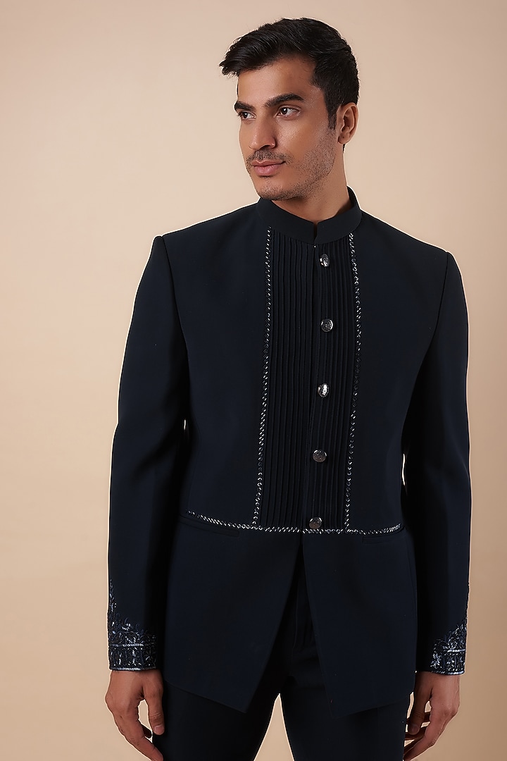 Navy Blue Bommario Embroidered Wedding Bandhgala Set by Nero by Shaifali & Satya at Pernia's Pop Up Shop