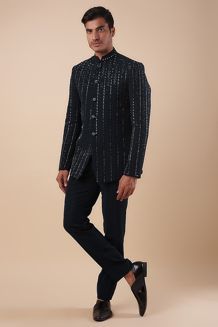 Navy Blue Suiting Fabric Cutdana Hand Embroidered Wedding Bandhgala Set by Nero by Shaifali & Satya at Pernia's Pop Up Shop
