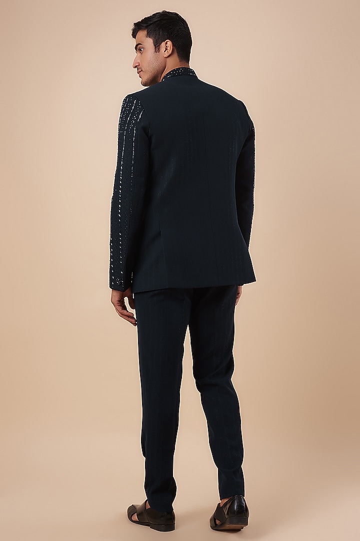 Navy Blue Suiting Fabric Cutdana Hand Embroidered Wedding Bandhgala Set by Nero by Shaifali & Satya at Pernia's Pop Up Shop