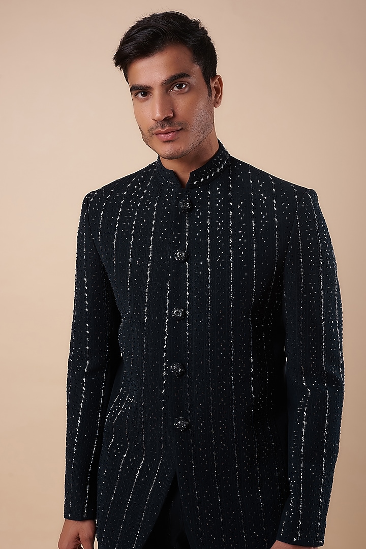 Navy Blue Suiting Fabric Cutdana Hand Embroidered Wedding Bandhgala Set by Nero by Shaifali & Satya at Pernia's Pop Up Shop