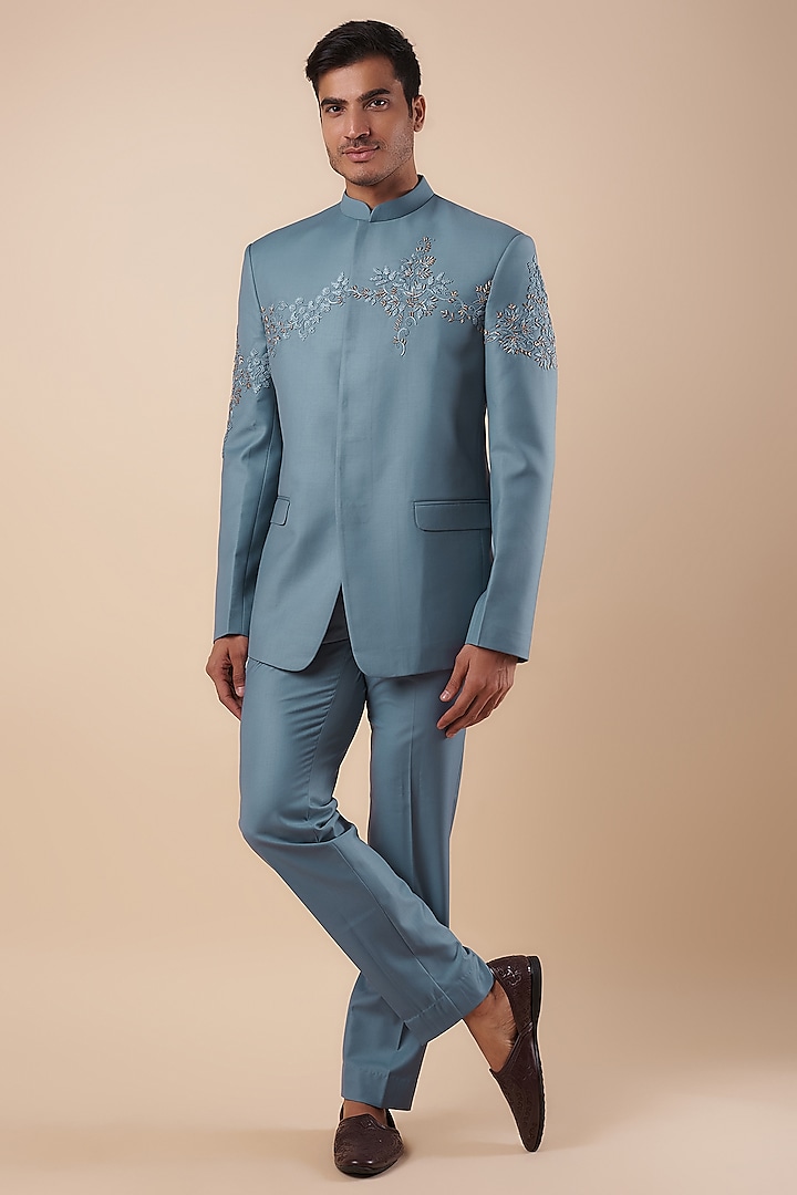 Blue Suiting Fabric Hand Embroidered Bandhgala Set by Nero by Shaifali & Satya