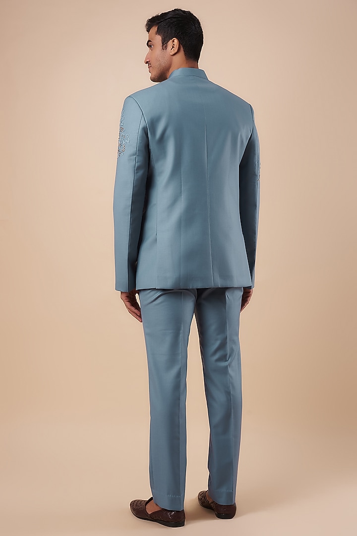 Blue Suiting Fabric Hand Embroidered Wedding Bandhgala Set by Nero by Shaifali & Satya at Pernia's Pop Up Shop