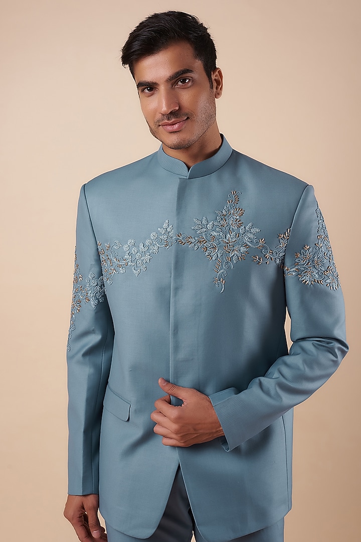 Blue Suiting Fabric Hand Embroidered Wedding Bandhgala Set by Nero by Shaifali & Satya at Pernia's Pop Up Shop